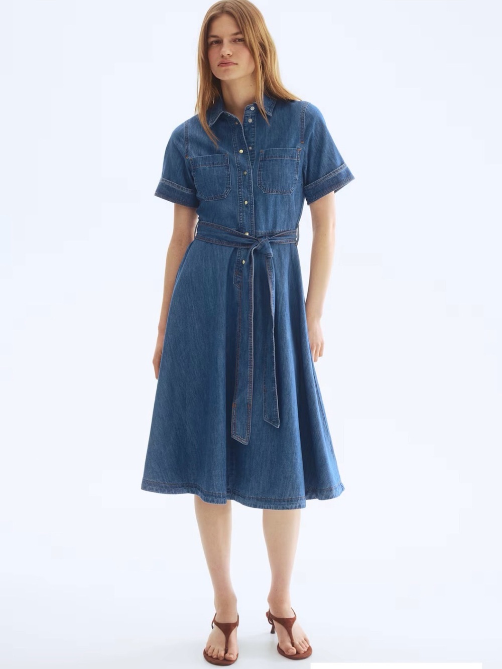 H&M Blue Denim Midi Shirt Dress with Belt